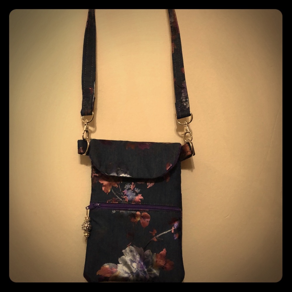 Soft Blue Jean handcrafted Crossbody purse floral